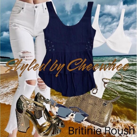 Anthropologie Millau Top Navy Blue/Indigo/Navy Peplum Side Grommets Tank Size M - Picture 9 of 16